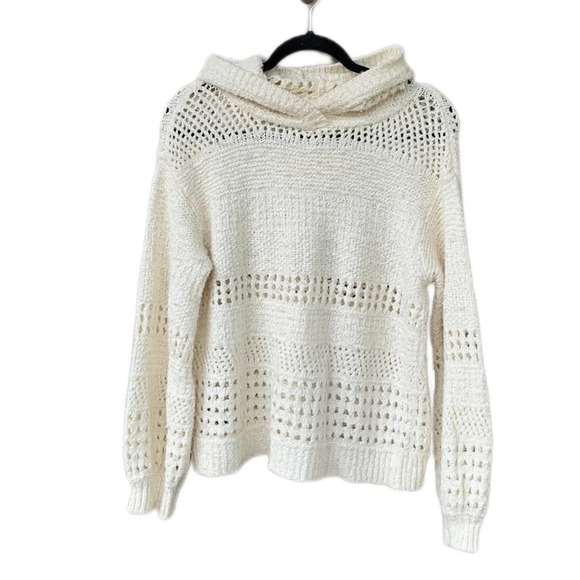 Anthropologie Wool Alpaca Oversized Pointelle Knit Hooded Sweater Balloon Sleeve - Picture 2 of 8